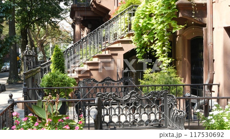 New York City townhouse building, Brooklyn Heights residential brownstone house architecture in USA. 117530692