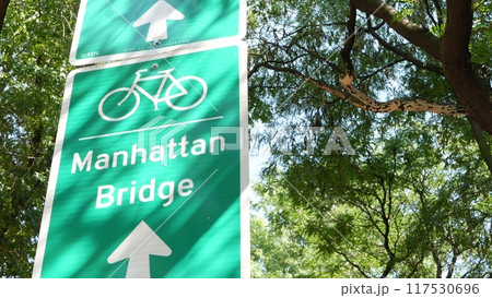 Bike lane road sign, Brooklyn Heights street, New York City. Manhattan Bridge bicycle path, cycle route Bike lane road sign, Brooklyn Heights street, New York City. Manhattan Bridge bicycle path, cycle route 117530696