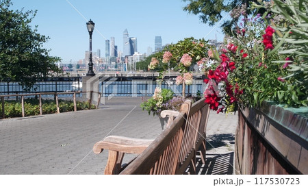 New York City waterfront, Manhattan skyline, Rockefeller Park, Hudson Yards riverfront skyscrapers. New York City waterfront, Manhattan skyline, Rockefeller Park, Hudson Yards riverfront skyscrapers. 117530723