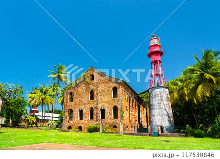 Lighthouse at a former penal colony at Ile Royale, the Salvation Islands in French Guiana, South America 117530846