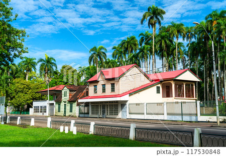 Traditional houses in the historic center of Paramaribo, UNESCO world heritage in Suriname, South America 117530848