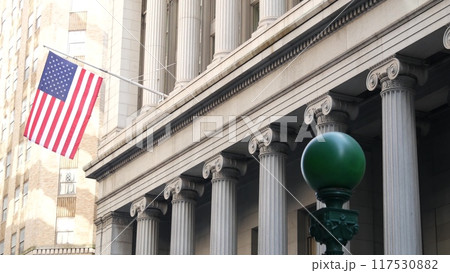 New York Manhattan Downtown Financial District. American USA flag on Wall street near Stock Exchange 117530882