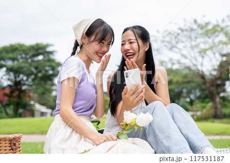 Two lovely women are enjoying a conversation while looking at something on a phone during a picnic. 117531187