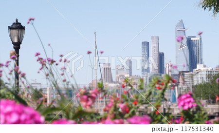 New York City waterfront, Manhattan skyline, Rockefeller Park, Hudson Yards riverfront skyscrapers. New York City waterfront, Manhattan skyline, Rockefeller Park, Hudson Yards riverfront skyscrapers. 117531340