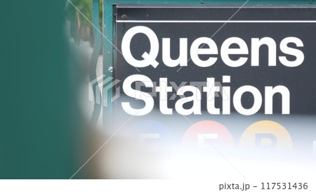 New York subway sign, Queens underground metro station. Metropolitan entrance, public transport exit New York subway sign, Queens underground metro station. Metropolitan entrance, public transport exit 117531436