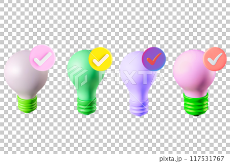 et of 3D Yellow light bulb with Green correct mark verify isolated on pastel background. startup icreativity 117531767