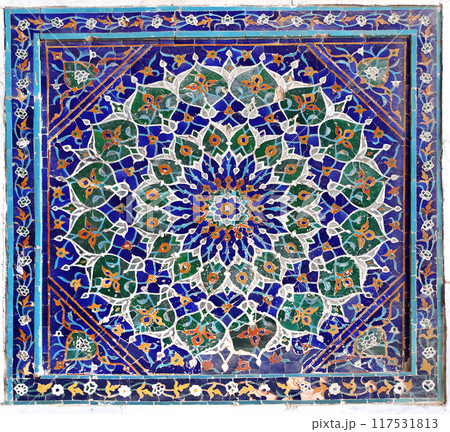 Vertical background with detail of ancient mosaic walls with floral and geometric ornament. Traditional tile decoration on wall, Samarkand, Uzbekistan 117531813