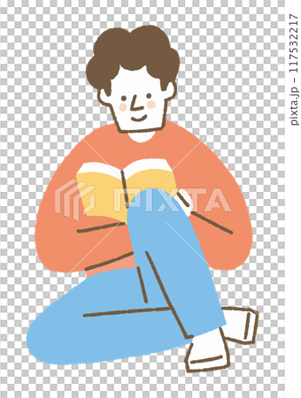 一個男人抬起膝蓋坐著閱讀顏色 117532217