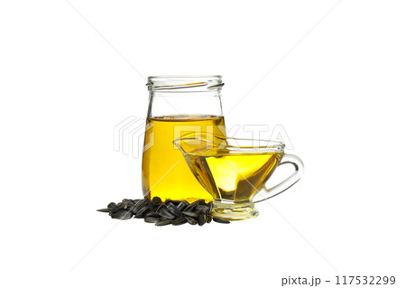 PNG, Sunflower seeds and oil in glass jugs, isolated on white background 117532299