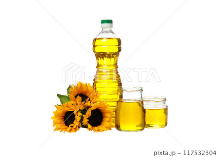 PNG, Sunflowers, oil in plastic bottle and glass jars, isolated on white background PNG, Sunflowers, oil in plastic bottle and glass jars, isolated on white background 117532304