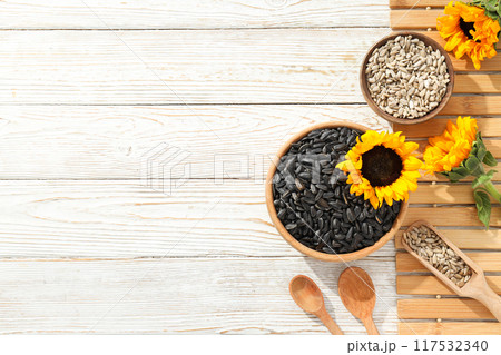 Sunflower seeds, concept of harvest, tasty snack Sunflower seeds, concept of harvest, tasty snack 117532340