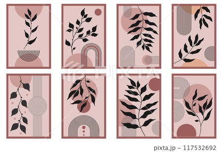 Zen arch poster set with botanical element, simple line arch shapes, and leavs. Geometric Japanese zen pattern minimal elements. Boho style strips, 117532692