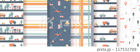 Kids seamless pattern with car, bus and road. Perfect for fabric , digital paper, cards. Kids seamless pattern with car, bus and road. Perfect for fabric , digital paper, cards. 117532709