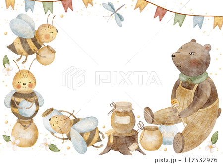 Cute bear and bees party with honey jars horizontal frame illustration in cartoon style. Watercolor kids birthday invitation template with hand drawn forest animals isolated on white for greeting card 117532976