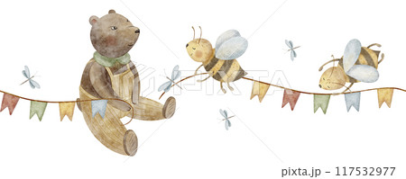 Seamless watercolor frame bear and bees holding a garland of flags. Illustration in children's style, hand drawn forest animals isolated on white for children's greeting card, banner in the nursery Seamless watercolor frame bear and bees holding a garland of flags. Illustration in children's style, hand drawn forest animals isolated on white for children's greeting card, banner in the nursery 117532977
