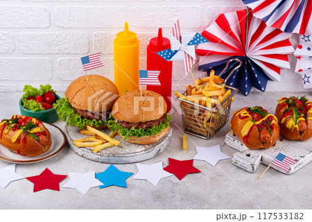 Traditional American food for celebrating July 4 Independence Day 117533182