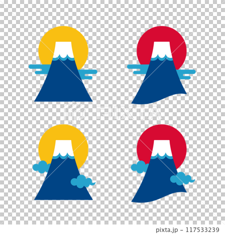 シンプルな富士山と初日の出のイラスト素材セット、お正月や富士登山のアイコン シンプルな富士山と初日の出のイラスト素材セット、お正月や富士登山のアイコン 117533239