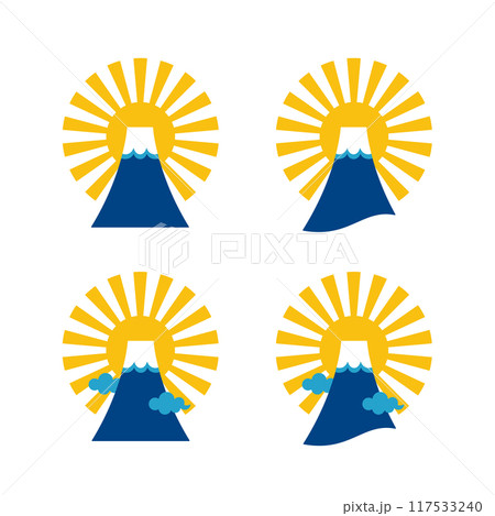 シンプルな富士山と初日の出のイラスト素材セット、お正月やご来光のアイコン 117533240