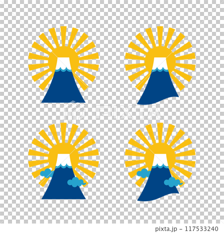 シンプルな富士山と初日の出のイラスト素材セット、お正月やご来光のアイコン 117533240