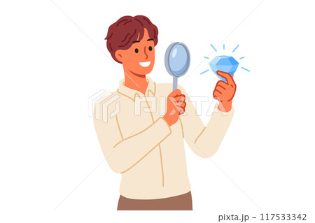 Business man with diamond and magnifying glass, for concept of opportunity and luck in career Business man with diamond and magnifying glass, for concept of opportunity and luck in career 117533342