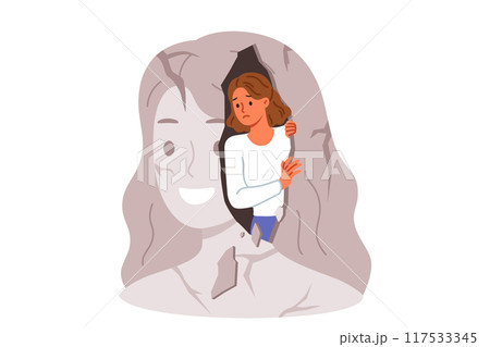 Woman with psychological problems looks out of own destroyed image and needs psychotherapy session Woman with psychological problems looks out of own destroyed image and needs psychotherapy session 117533345