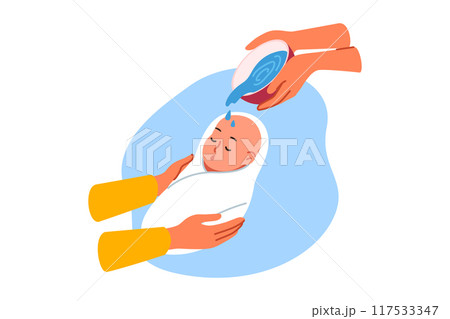 Ritual baptism for infant in christian religion, and use of holy water in church, to protect child 117533347