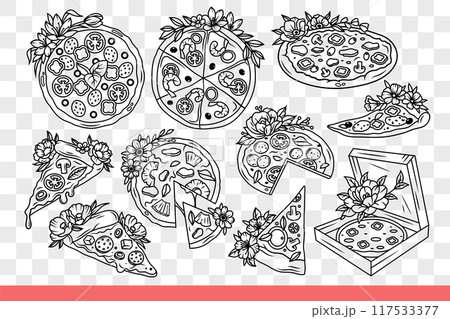 Pizza in process preparation and delivery, near chef and ingredients for recipe. Hand drawn doodle 117533377