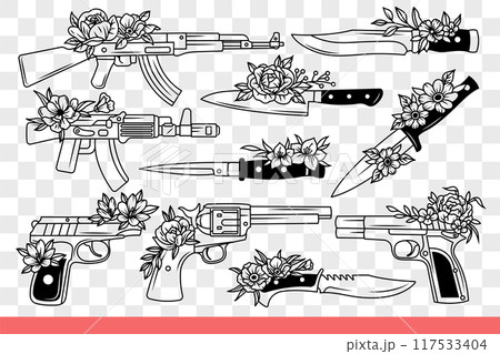Firearms and bladed weapons for soldiers using pistols and knives or rifles. Hand drawn doodle 117533404