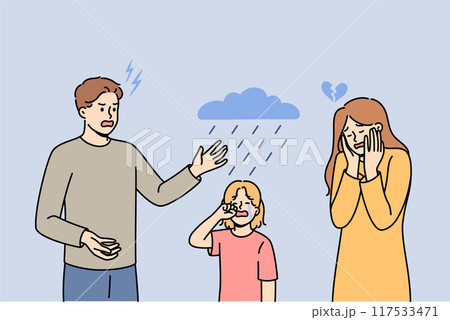 Child finds it difficult to cope with parents divorce, stands between aggressive man and upset woman 117533471