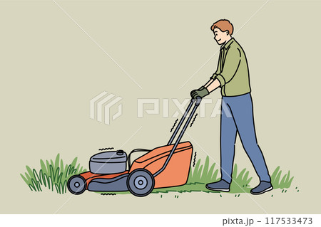 Gardener man uses gas-powered lawnmower to maintain grass in backyard or public park 117533473
