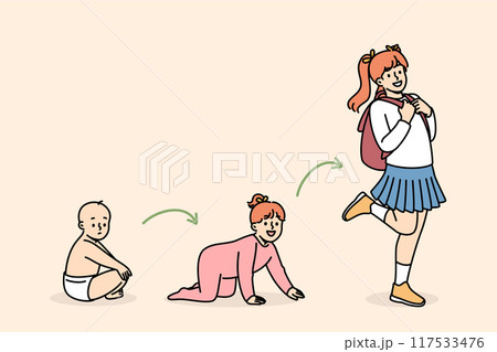 Life cycle of little girl becoming schoolgirl with backpack from baby in diapers Life cycle of little girl becoming schoolgirl with backpack from baby in diapers 117533476