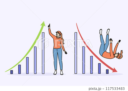 Woman courier near rising and falling graph symbolizing changing trends in logistics business Woman courier near rising and falling graph symbolizing changing trends in logistics business 117533483