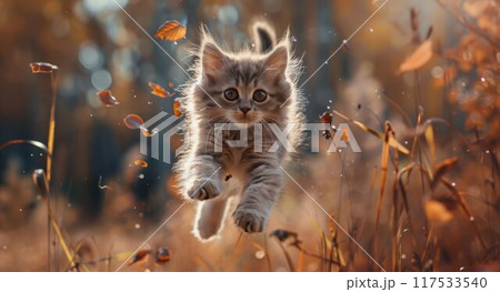 Funny cat flying in the air in autumn 117533540
