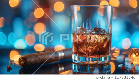 Glass of brandy and cuban cigar on an old wooden table. Angle view 117533546