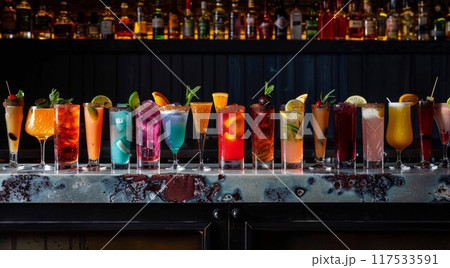 Assortment of colorful exotic alcoholic cocktails served in glasses with garnishes 117533591