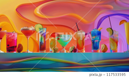 Assortment of colorful exotic alcoholic cocktails served in glasses with garnishes Assortment of colorful exotic alcoholic cocktails served in glasses with garnishes 117533595