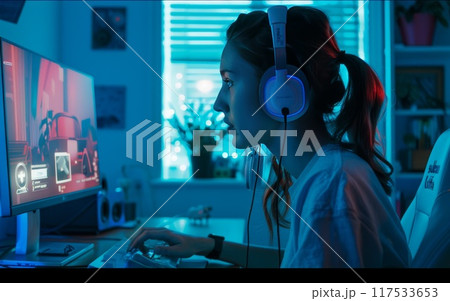 Girl player. Excited female gamer talking at neon pc display. Entertainment esport technology. Young woman with headphones streaming online game 117533653