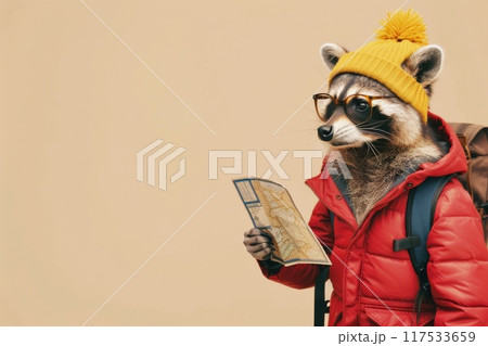 Raccoon with map. Hipster tourist in yellow beanie hat and red coat. Character in vacation. Anthropomorphic animal travel mascot. Active young young with backpack. Travel and trekking trip adventure 117533659