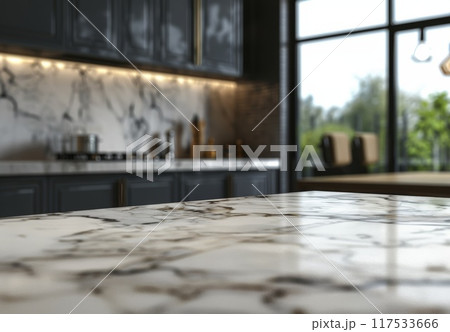 Kitchen counter and blur background. Kitchenware board interior, tabletop top with copyspace for mockup template. Modern room with empty desk. Blurry home and furniture countertop 117533666