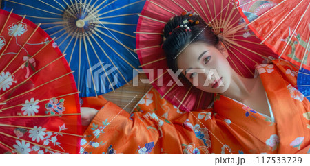 attractive asian woman wearing traditional Japanese kimono attractive asian woman wearing traditional Japanese kimono 117533729