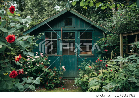 English back garden with shed amongst the plants 117533763