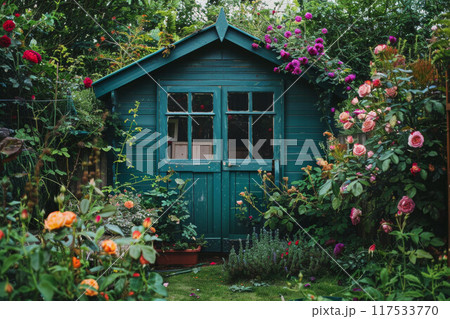English back garden with shed amongst the plants 117533770