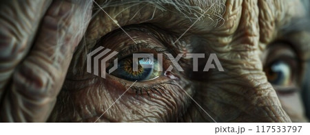 age, vision and old people concept - close up of senior woman face and eye 117533797