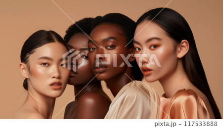 Four beautiful cheerful diverse models, 4 happy multicultural women, smiling multiracial young girls beauty faces Four beautiful cheerful diverse models, 4 happy multicultural women, smiling multiracial young girls beauty faces 117533888