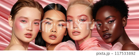 Four beautiful cheerful diverse models, 4 happy multicultural women, smiling multiracial young girls beauty faces 117533892