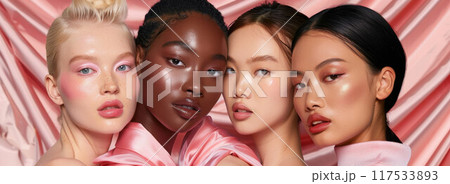 Four beautiful cheerful diverse models, 4 happy multicultural women, smiling multiracial young girls beauty faces 117533893