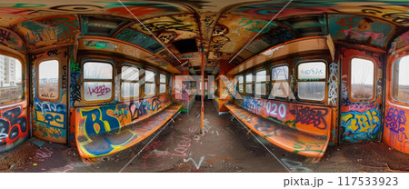 Inside of a abandoned train car with bright colored graffiti 117533923