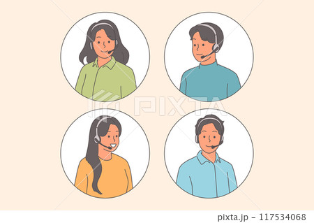 People call center agents with headset for phone conversations, answer users who applied to hotline 117534068