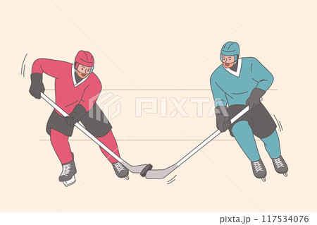 Two men play hockey, trying to take puck from opponent with stick and score goal. 117534076