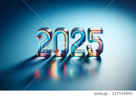 Generated image the numbers 2025 made of colorful transparent clear glass on a blue background, front view, low angle shot, minimalist style Generated image the numbers 2025 made of colorful transparent clear glass on a blue background, front view, low angle shot, minimalist style 117534095